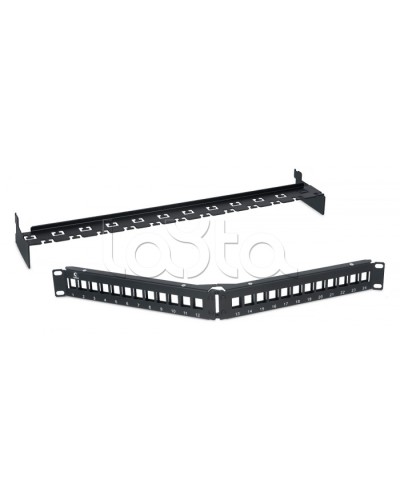 Патч-панель угловая модульная 19, 1U, 24 порта RJ-45, для неэкранированных модулей, с задним кабельным организатором (без модулей) Cabeus PLB-24-CON в Красногорске Патч панель Pintop.ru